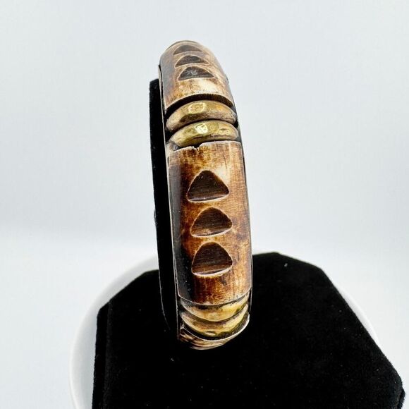 Vintage Hand-Carved Wood Brass Bangle Rustic Statement Bracelet Retro - Picture 2 of 9